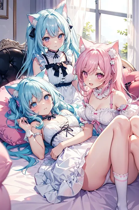 Browsing Caution,Two Girls,Lying down,((Raise both legs)),panties,Have sex,Light blue hair,Light pink hairstyles，Cat ear，Pink Eyes，light blue lolita，White socks，,Pink ribbon,Laughing with your mouth open,Best image quality,Highest quality