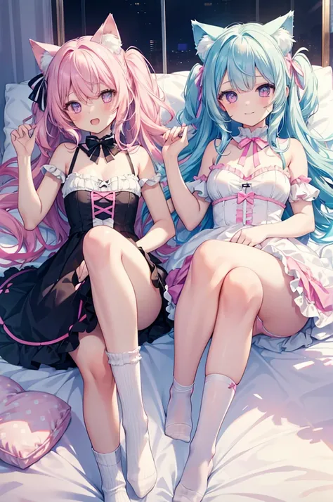 Browsing Caution,Two Girls,Lying down,((Raise both legs)),panties,Have sex,Light blue hair,Light pink hairstyles，Cat ear，Pink Eyes，light blue lolita，White socks，,Pink ribbon,Laughing with your mouth open,Best image quality,Highest quality