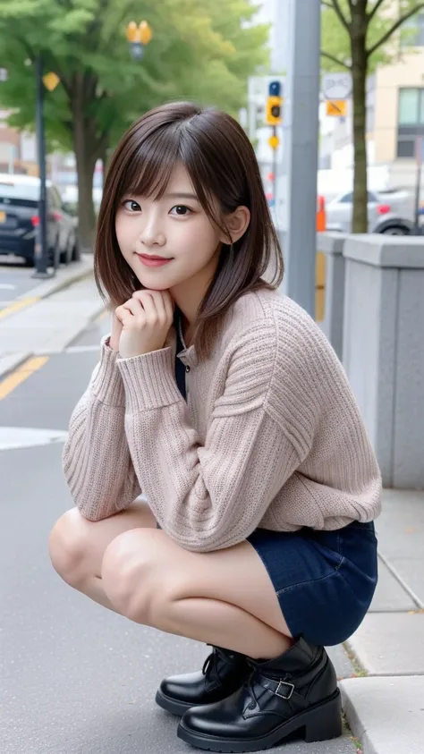 Photo taken by a professional photographer，laughter:1.5，Close-up of a woman squatting on the sidewalk, wearing a sweater, Short-cut brown hair, hair is disheveled，young and cute girl, Wearing a super super super super super super super mini skirt:1.5，Wear ...