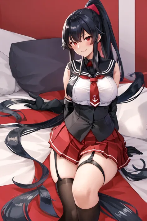 best quality, masterpiece, highres, solo, {yahagi_kantaicollection:1.15}, long_hair, black_hair, ponytail, red_eyes, sidelocks, ...