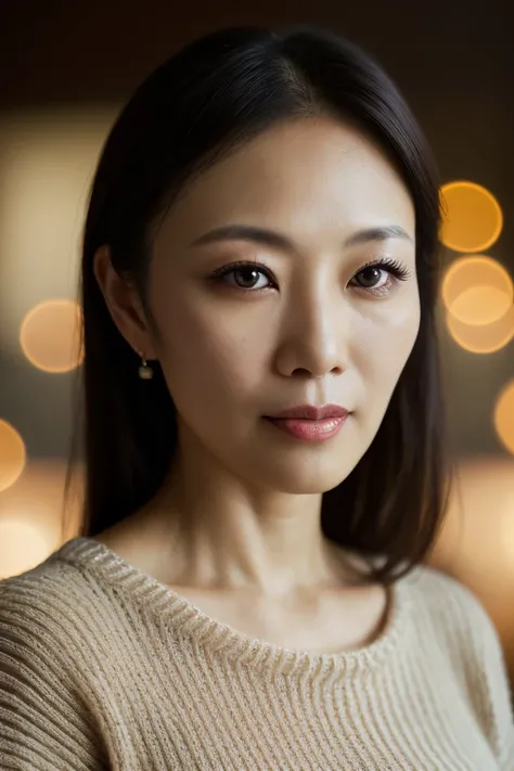 Portrait of a Taiwanese middle-aged woman, 40 years old, cute face, slim, tolts, (sexy sweater: 1.2), background blur, simple background, (sophisticated skin: 1.0) ), (masterpiece: 1.2) (realistic: 1.2) (Bokeh) (Top Quality) (Intricate Detail) (8K) (High D...