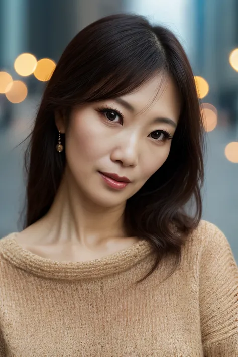 Portrait of a Taiwanese middle-aged woman, 40 years old, cute face, slim, tolts, (sexy sweater: 1.2), background blur, simple background, (sophisticated skin: 1.0) ), (masterpiece: 1.2) (realistic: 1.2) (Bokeh) (Top Quality) (Intricate Detail) (8K) (High D...