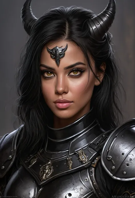 a portrait of a beautiful human woman in her early 20s with bright violet eyes and long black tiefling horns, wolf cut black hair, tan skin, angular features, wearing fine medieval black armor, character portrait by senior character artist, Artstation, fan...