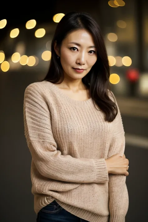 Portrait of a middle-aged Japanese woman, 40 years old, cute face, slim, tortiz, (sexy sweater: 1.2), background blur, simple background, (sophisticated skin: 1.0) ), (masterpiece: 1.2) (realistic: 1.2) (Bokeh) (Top Quality) (Intricate Detail) (8K) (High D...