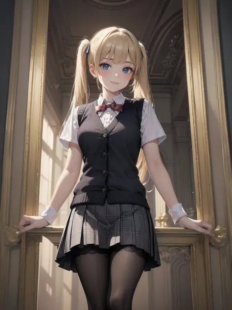 A lavish, photorealistic illustration of Soro, a charming 19th-century maiden, exudes elegance in a masterfully crafted scene. Framed by a ornate, gilded archway, she stands poised, her twintails adorned with sparkling bows, her cardigan vest and short-sle...