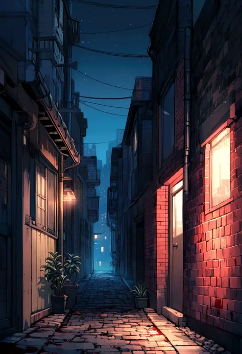 Modern city background, Alleyway background, brick wall, night time, blood, anime style background