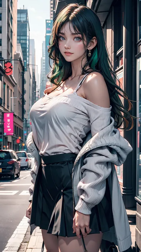 One girl, black_skirt, green_hair, building, city, cityscape, hair_between_eye, Jacket, Looking_in_Audience, Moderate_hair, Multicolor_hair, multiple_boy, night, off_shoulder, Outdoor, pleined_skirt, road, shirt, skirt, Skyscraper, smile, 一人in_concentrated...