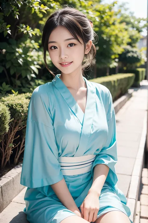 Pure Japanese yukata girl, wearing traditional yukata, natural hair styles, pure smile, refreshing in early summer morning sunlight, feeling soft breeze in hair, sitting and relaxing, little bit sexy mood, professional portrait photography, film photograph...