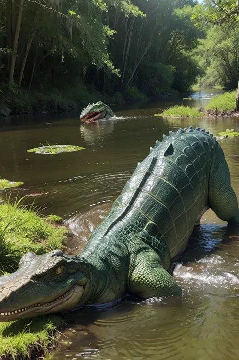 Create a scenario of a swamp where the dinosaur is drinking water but he is surprised by an alligator that catches him and takes him to eat. eat at the river and there are some dinosaurs and insects