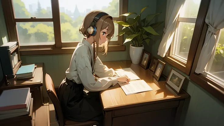 Create an image of a beautiful girl seated by a window, focused at her desk with headphones on, typing on a PC. The scene should be in a gentle anime style, with an aspect ratio of 16:9. Capture a cozy atmosphere with soft lighting and include subtle detai...