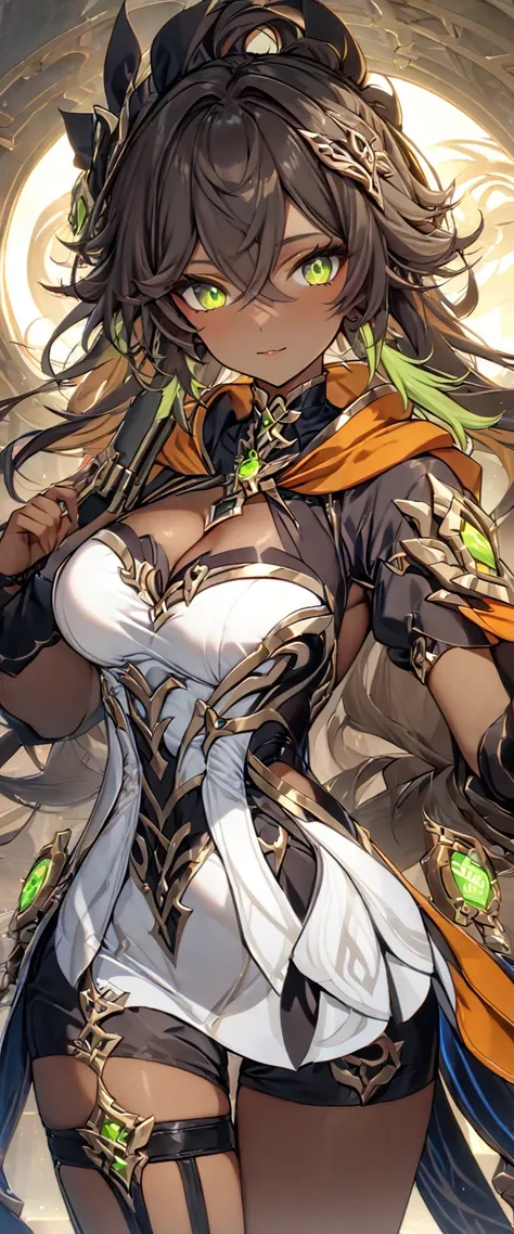 (masterpiece), best quality, expressive eyes, perfect face,1girl,score_9,score_8_up,score_7_up, arm_behind_back, brown_hair, cropped_legs, dark-skinned_female, detached_sleeves, green_eyes, grey_hair, hair_ornament, highres, looking_at_viewer, female_focus...