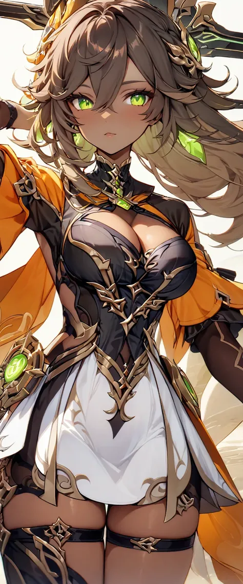 (masterpiece), best quality, expressive eyes, perfect face,1girl,score_9,score_8_up,score_7_up, arm_behind_back, brown_hair, cropped_legs, dark-skinned_female, detached_sleeves, green_eyes, grey_hair, hair_ornament, highres, looking_at_viewer, female_focus...