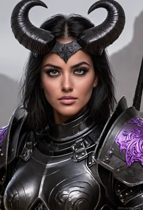 a portrait of a beautiful human woman in her early 20s, BRIGHT VIOLET EYES, long black ram horns, wolf cut black hair, tan skin, angular features, wearing fine medieval black armor, character portrait by senior character artist, Artstation, fantasy art, st...