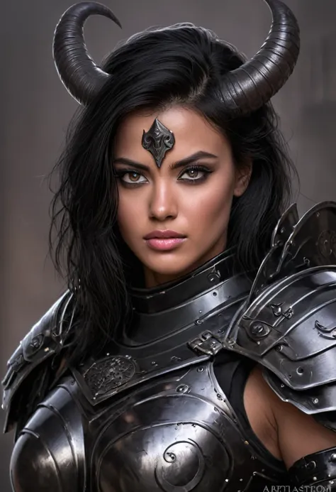 a portrait of a beautiful human woman in her early 20s, BRIGHT VIOLET EYES, long black ram horns, wolf cut black hair, tan skin, angular features, wearing fine medieval black armor, character portrait by senior character artist, Artstation, fantasy art, st...