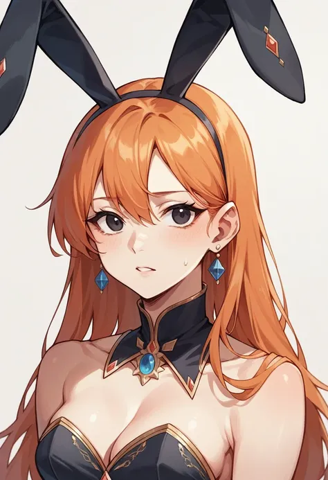 An anime girl with long orange hair, black eyes, and bunny ears.(Masterpiece)  16 years 