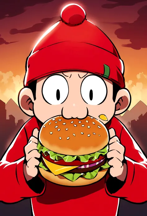 Cartoon character of a man with a red cap and a red shirt eating a hamburger