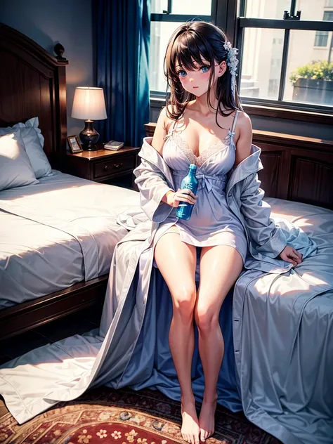 Highest Resolution,Highest quality,Beautiful girl wearing a dressing gown and holding a bottle in her hand in her bedroom,underwear,up,White gown,