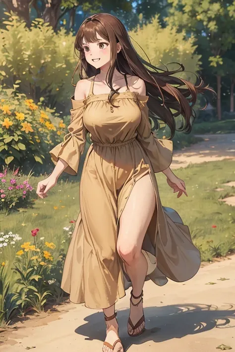 A straight haired brunette adult female standing on the ground, wearing loose brown plain summer dress with cuff sleeves, low neckline, medieval, brown hair, large long shaped tits, silly personalty, cute happy demeanor, sunny disposition, deredere,