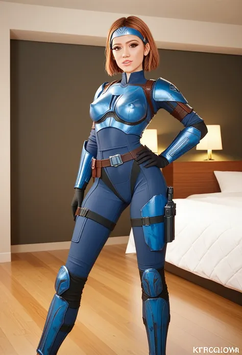 score_9_up, score_8_up, score_7_up, 1girl, solo, mature female, ((Bo Katan)), orange bob hair, brown eyes, pink lips, parted lips, fit slim body, (((blue and white Mandalorian armor suit))), (((Starship bedroom, space in the porthole))), perfect model body...