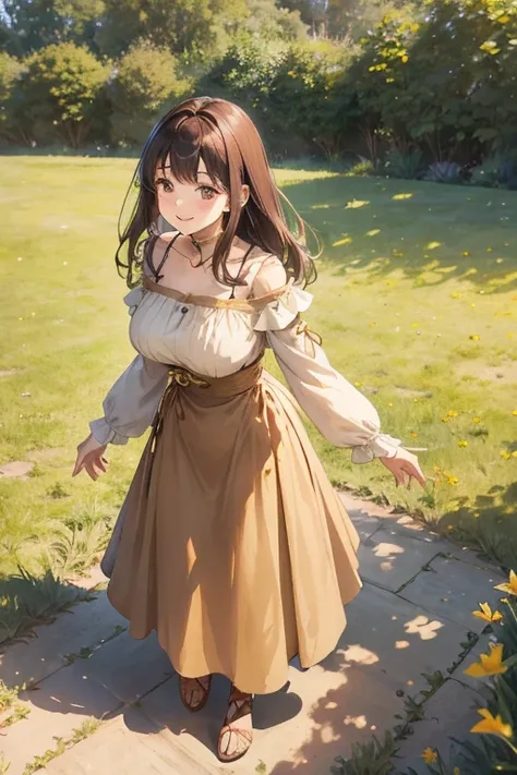 A straight haired brunette adult female standing on the ground, wearing loose brown plain summer dress with cuff sleeves, low neckline, medieval, brown hair, large long shaped tits, silly personalty, cute happy demeanor, sunny disposition, deredere,