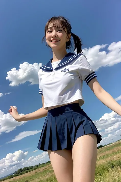 girl walking in windy rural field,large cumulonimbus cloud in summer blue sky,white sailor shirt,navy blue pleated skirt flipping up in wind,white thong showing,18-year-old,bangs,a little smile,thighs,knees,short hair with low pigtails bunches blowing in w...