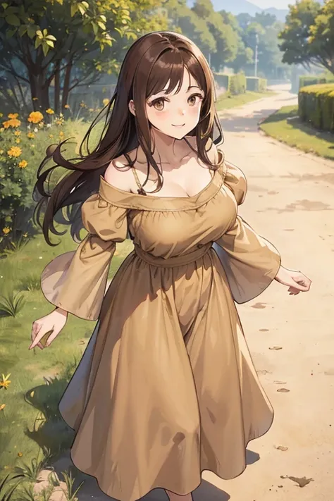 A straight haired brunette adult female standing on the ground, wearing loose brown plain summer dress with sleeves, low neckline, medieval, brown hair, large long shaped tits, silly personalty, cute happy demeanor, sunny disposition, deredere,