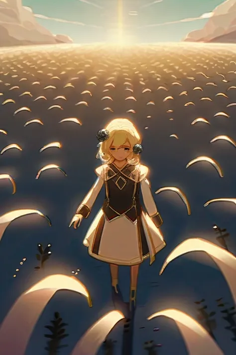 ((Лучшее качество)), ((шедевр)), (подробный), A blonde girl stands in the middle of a field