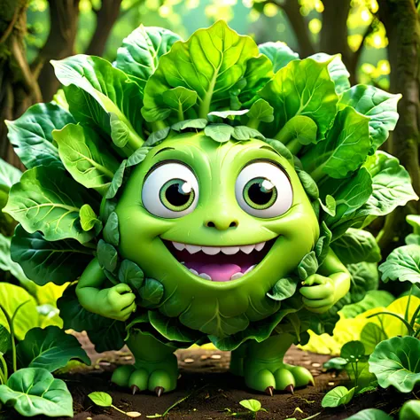 キャベツ
A cute cabbage monster with big eyes and a cheerful smile, surrounded by green leaves. The cartoon character is designed in the style of Pixar animation studio, created using C4D software. It has an adorable green color scheme and showcases a playful ...