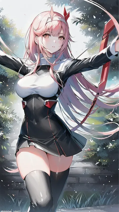 (zero_two_001:1.4), thicc school 1girl wearing thighhighs pleated skirt, (an archer:1.5), gorgeous features, clear face, symmetr...