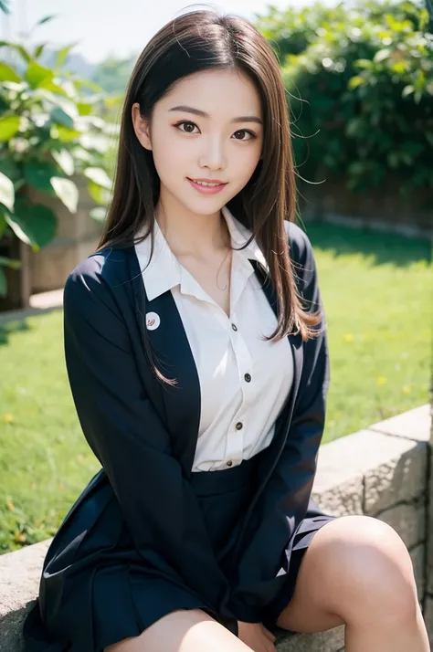 Pure Japanese school girl, wearing uniforms, natural hair styles, pure smile, refreshing in early summer morning sunlight, feeling soft breeze in hair, sitting and relaxing, little bit sexy mood, professional portrait photography, film photography, 35mm ne...