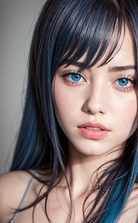 best quality, ultra high res, (photorealistic:1.4), (detailed beautiful girl:1.4), (medium breasts:0.8), looking_at_viewer, Detailed facial details, beautiful detailed eyes,Blue Hair, blue eyes, slender, haunting smile, (makeup:0.3), red lips, highly detai...