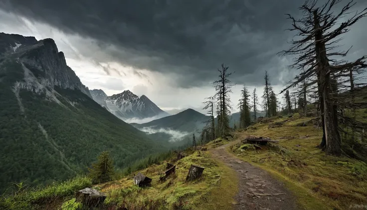 A dark and eerie mountain with zombie-infested forests and decayed structures. The sky is filled with ominous clouds and the landscape is grim and foreboding.