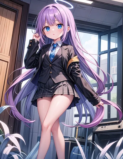 1 Girl,alone,Wear long hair,Looking at the audience,flush,Straight bangs,Blue eyes,skirt,Bring a shirt,Long sleeve,Take off your coat,White shirt,Purple Hair,Hips,lie,tie,mini skirt,黑skirt,Two sides up,Black jacket,Halo,formal,Cross your legs,suit,蓝色tie,ID...