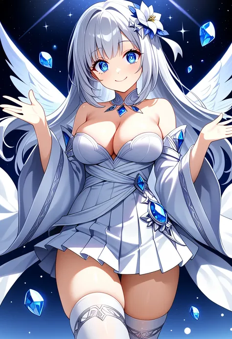 ((Highest quality)), ((masterpiece)), (be familiar with), Perfect Face, Big eyes, Drooping eyes, eyelash, The sparkling light of the eyes, silver hair, gem, white dress, pleated skirt, wide sleeves, white thighhighs, hair flower, (re:NULL), (mini skirt), c...