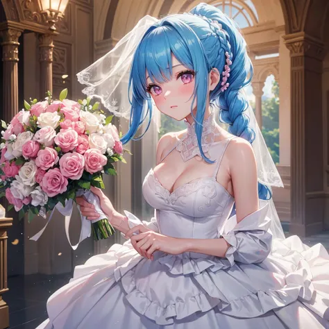 Sky blue hair, (Braided Ponytail),(Pink Eyes),Fair skin ,(whole body),(1 Girl),bride,blush,Straight bangs, 6月のbride,Wedding dress,(masterpiece, Highest quality, Very detailed, Best Shadow), (Detailed Background), (Beautifully detailed face), High Contrast,...