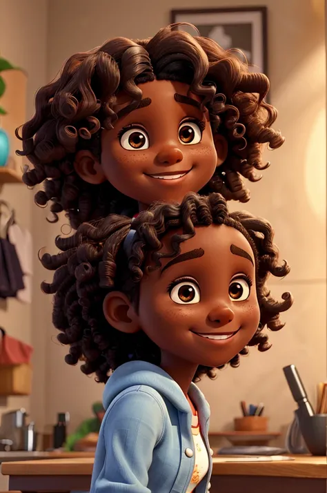 A dark-skinned girl with curly hair smiling and a dimple on her left cheek