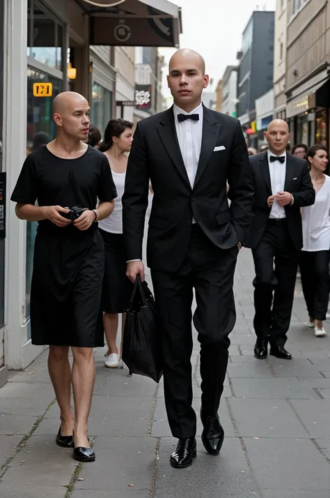 naughty man, offwhite, Scrawny, baldie, without hair, walking down the street in formal clothes, black dress shoes. Camera angle at waist height. People background, storefronts, blurred. 