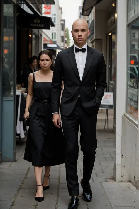 naughty man, offwhite, Scrawny, baldie, without hair, walking down the street in formal clothes, black dress shoes. Camera angle at waist height. People background, storefronts, blurred. 