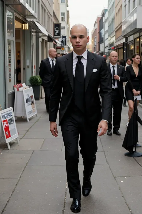 naughty man, offwhite, Scrawny, baldie, without hair, walking down the street in formal clothes, black dress shoes. Camera angle at waist height. People background, storefronts, blurred. 