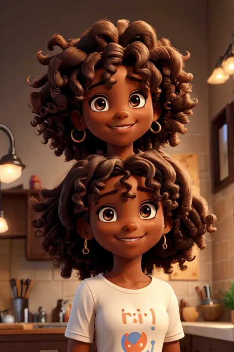 A dark-skinned girl with curly hair smiling 