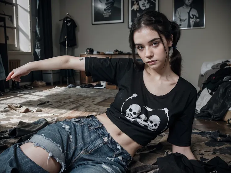 emo girl with pale skin, a pony tail, huge breasts stretching a black t-shirt with a skull imprint,  and tattered jeans sitting on the floor of her messy bedroom, portrait, looking shyly at the camera, looking shyly at the camera, looks at the camera, look...