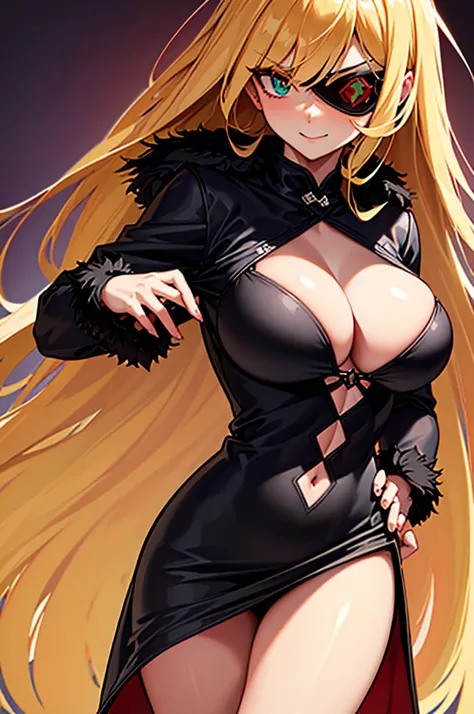 ((masterpiece)), ((best quality)), 1girl, adult, long hair, ((blonde hair)), very long blonde hair, ((intimidant look)), ((close-up)), profile image, green eyes, black and red clothes, sexy, dark colors, brillant eyes, ((coat with fur)), ((wavy hair)), exp...