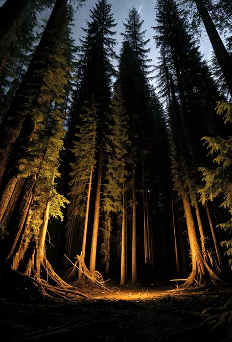 dark and dense forest at night with tall trees and many thick tree roots