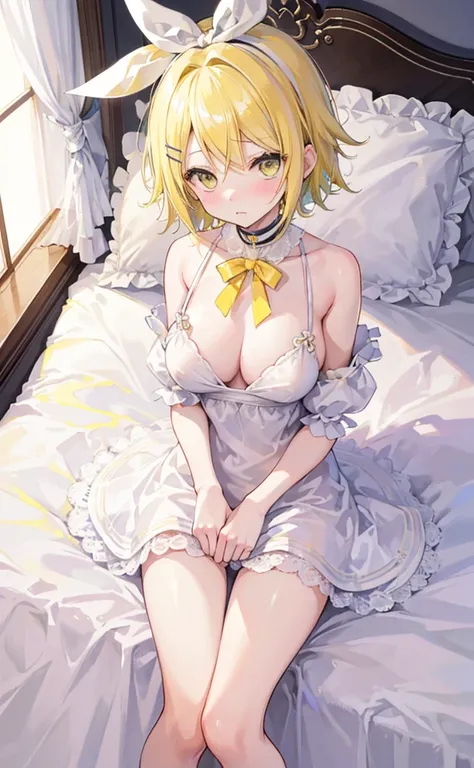 Highest quality、Ultra-precision、One Girl、(Kagamine_Also)、 Yellow Eyes、Cute S、short hair、White Hair Ribbon、Valletta、blonde、Embarrassed look、younger sister、On the bed、Large Breasts、No clothes、naked、Browsing Caution、Please show me your whole body、Beautiful ni...