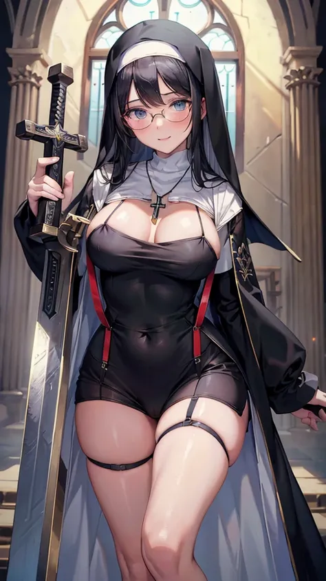 A masterpiece, the whole entire body, a beautiful girl,long loose black hair, blue-eyed, with black glasses, of a beautiful smile, dressed as a nun, On his neck he wears a necklace with a cross...,with long stockings from the thigh, suspenders ,with black ...