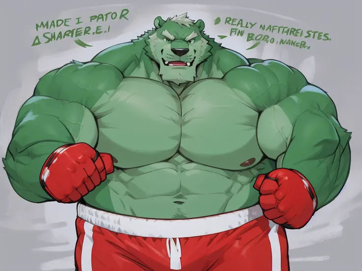 solo, 1boy, Huge Muscular White Polar Bear as the Hulk wearing glasses, huge green fur, pectoral, huge pectoral, wide pectoral, short white hair, red colored boxing kickboxing shorts, red colored kickboxing gloves, footwear and shirtless and topless, white...