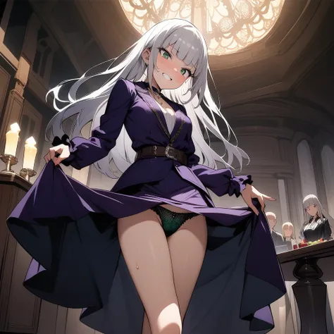 (masterpiece),(best quality),very aesthetic,(ultra-detailed),(illustration),nsfw,1girl,16yo,slender,long hair,silver hair,straight hair,(blunt bangs),dark blue alluring eyes,(annoyed:0.8),grin,sweat,wine glass,drunk,(skirt hold),bows lightly,crossed legs,s...