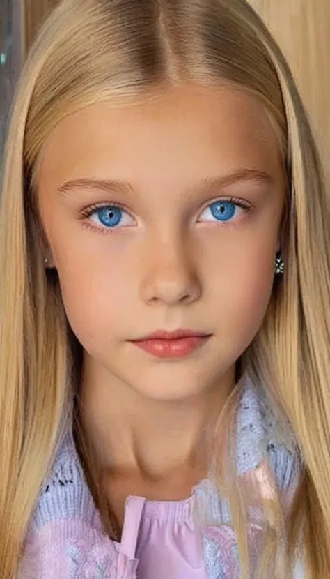 12-year-old russian blonde girl with blue eyes and square chin features children&#39;s full body, transparent bikini, breasts hu...