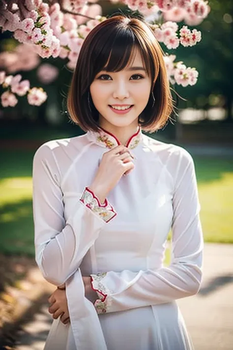 (a gorgeous lady, age 18, vietnamese traditional dress ao dai, posing at takada castle park cherry blossom, under night sky, fri...