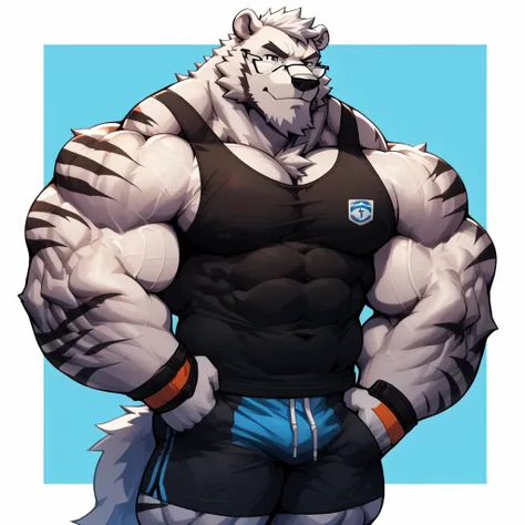 solo, 1boy, huge muscular white polar bear wearing glasses, huge white fur, pectoral, huge pectoral, wide pectoral, short white ...